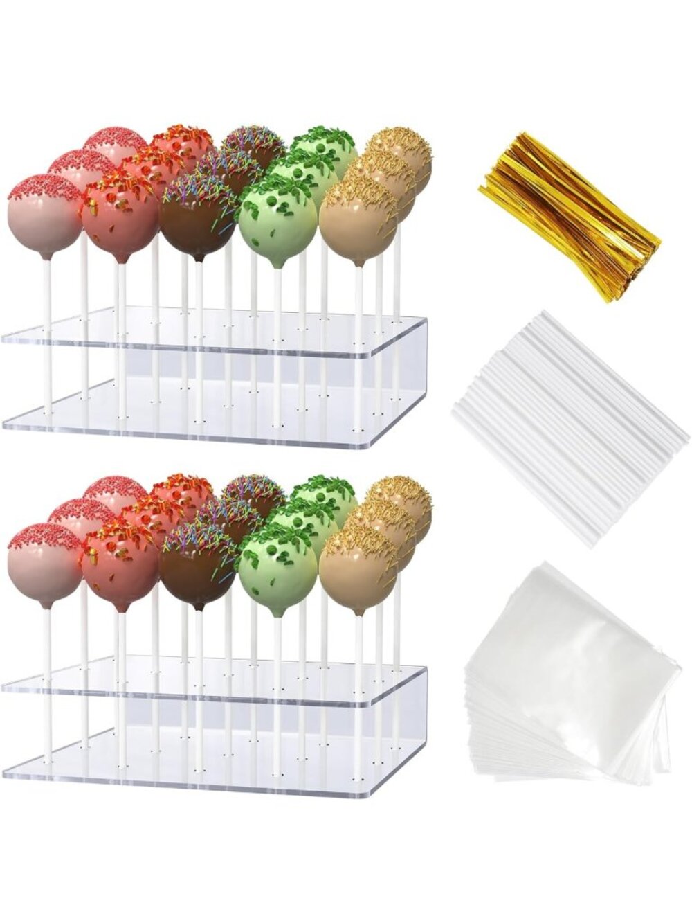 2 Pack Acrylic Cake Pop Stand Kit - Clear Display Holder with 100 Sticks